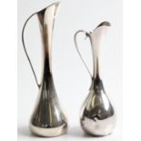 Two Danish design silver plated weighted tulip handled jugs/vases, one stamped Denmark. BOOK A