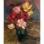 CHARLES MESSENT, framed, oil on board, green vase with pink, red and yellow roses and brown