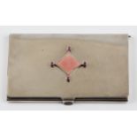 A silver and enamel card holder, featuring central diamond shaped pink enamelled motif with pink