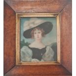 19th century portrait miniature painting pretty lady feathered hat