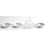 A lot to include a hallmarked silver shell butter dish, a matched pair of hallmarked silver based