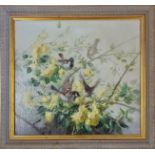VERNON WARD (1905-1985). Framed, signed and titled ‘Sparrows with Roses’, oil on canvas, birds on