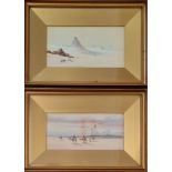 Two framed, indistinctly signed, watercolour on paper, one camels walking across desert and one