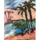 CHARLES MESSENT, framed, signed, oil on board, palm trees along bank of river with desert