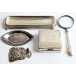 A collection of hallmarked silver desk items, to include a cigarette box, a pin dish, a Victorian