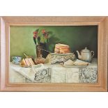 COLIN CLIFTON. Framed, signed and titled ‘Cream Tea’, oil on board, still life with table laid for