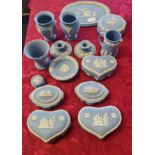 A collection of 17 pieces of Wedgwood blue Jasperware