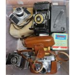 Box of various vintage cameras to include AGFA, Weltini, Kodak brownie etc.