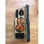 A P. J. Tan & Sons violin with bow in case, with music stand. IMPORTANT: Online viewing and