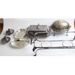 A collection of plated ware, to include a Mappin & Webb meat cover, casserole dishes one (A/F),