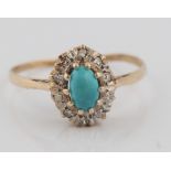 A hallmarked 9ct yellow gold reconstituted turquoise and diamond cluster ring, ring size P1/2.