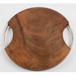 A SHONA MARSH silver twin handled walnut cheese board, the circular design featuring cutouts