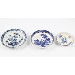 Three dishes early English porcelain, blue and white, two women, floral patterns and fruit. BOOK A