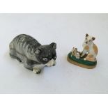 A grey porcelain cat figurine box together with a cat figurine group mark to bottom ‘Gold Anchor’.