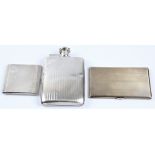 A hallmarked silver hip flask, approx. 10 x 15cm, together with two hallmarked silver cigarette