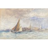 THOMAS BUSH HARDY, framed, signed, dated 1882, watercolour on paper, ships on sea with church to