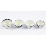 Four blue and white early Worcester small bowls, blue and white scenes of gardens, floral and