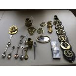 A collection of Sir Winston Churchill brass items including six spoons and two Winston Churchill
