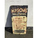 An old original blue and cream enamel advertising sign, ‘Drink Mason’s Table Waters’, approx 51cm