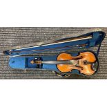 A violin with label ‘Iofredus Cala in Saluzzio Fecit Anno’ and two bows in case, approx 59cm.