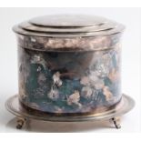 A Mappin & Webb silver plated biscuit barrel, raised on four stepped feet, engraved initials on