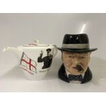 Caricature jug of Winston Churchill in the form of a teapot, made by Bairstow Manor Pottery modelled