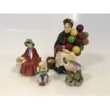 Four figurines to include a Royal Doulton “The Old Balloon Seller”, a Royal Doulton “Linda”, a Royal