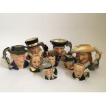 Collection of nine Royal Doulton character jugs, to include Sir Thomas Moore and The Antique Dealer