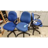 Three blue typist chairs. BOOK A VIEWING TIME SLOT ON OUR WEBSITE FOR THIS LOT. IMPORTANT: Online
