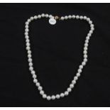 A string of cultured pearls, clasp stamped 375, length approx. 18". RRP £279. BOOK A VIEWING TIME