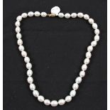 A string of oval cultured pearls, clasp stamped 375, length approx. 16". RRP £259. BOOK A VIEWING