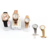 Three wrist watches by SEKSY, SEKONDA and ACCURIST together with two nurses watches. (Boxed) BOOK