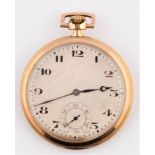 A crown wind open face pocket watch, the silver-tone dial having hourly Arabic numerals, with minute