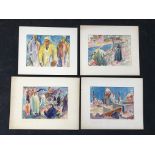 Four pen and ink watercolour paintings depicting various scenes and people in Cairo 1943 by