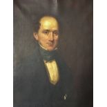 Oil on canvas portrait of a man in fine dress, unsigned. Small tear to central canvas and wear to