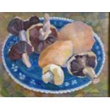 Two BETTY HECKFORD, framed, signed, oil on canvas, one still life of mushrooms on a plate, approx