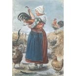 A watercolour painting of a farming woman tending to chickens, unsigned and framed. Approx. 12cm x