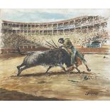 DOMINGUEZ, a watercolour painting depicting a matador’s fight with a bull in an arena (1952), signed