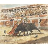 DOMINGUEZ, a watercolour painting depicting a matador’s fight with a bull in an arena (1952), signed