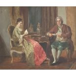 An oil on canvas depicting two regally dressed people playing cards, unsigned and framed. Approx.