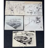 Five pen and ink works depicting scenes such as the Coast road in Italy and the back of St