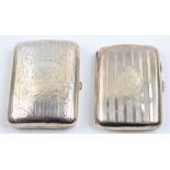 Two hallmarked silver cigarette cases, both featuring machined engraving and monograms, total weight