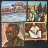 Four oil on canvas paintings depicting various people and a building scene by Charles Messent,