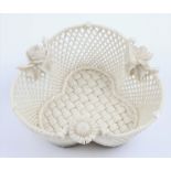 Belleek Irish porcelain open basket weave bowl with rose design to top