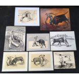 Seven pen and ink pictures depicting various matadors, by Charles Messent, signed together with an