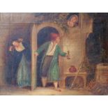 An oil on canvas depicting a man with a candle and two female figures waiting in surprise,