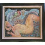 CAMILLA NOCK. Framed, signed with initials, oil on canvas, nude female lying on sofa before table