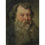 A. R. Oil on canvas portrait of a bearded man, signed and framed with verso label on back. Approx.