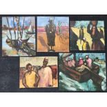 Four oil on canvas works depicting various people and boat scenes by Charles Messent, signed,