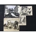 Four pen and ink wash paintings by Charles Messent, depicting various street scenes including